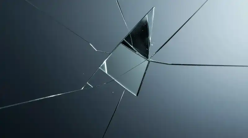 Fragmented geometric reflections appear in a dark, cracked mirror