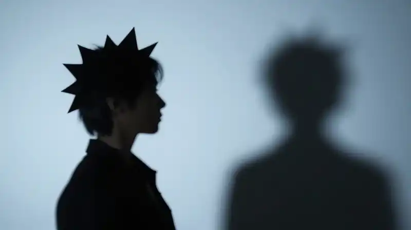 Two contrasting silhouettes stand amidst shifting, blue-toned geometric shadows