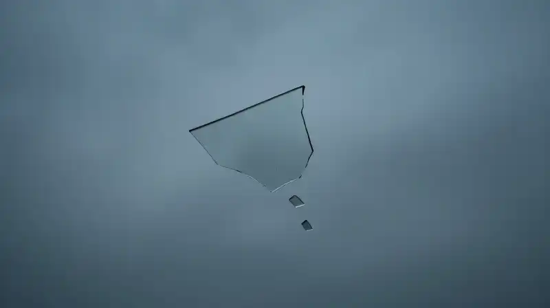 A fragmented glass silhouette drifts through a vast blue void