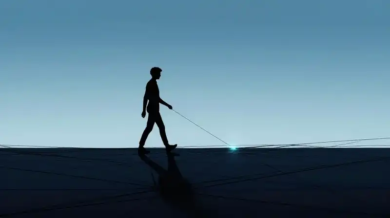 A silhouette steps through shadows toward a single glowing thread