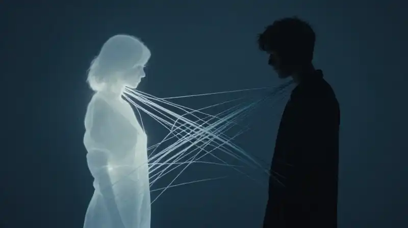 Two connected silhouettes, one glowing and one dark, entwine