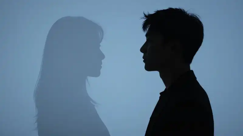 Two contrasting silhouettes split within a muted blue setting