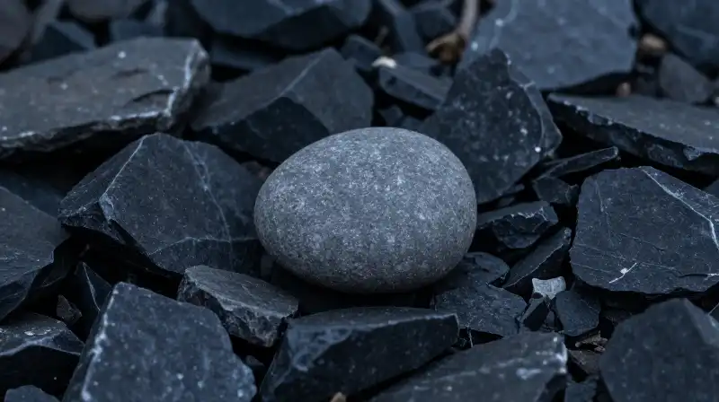 A smooth gray stone rests amidst jagged dark shards