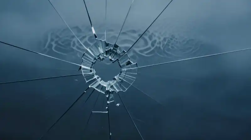 A fragile glass barrier cracks through a deep blue haze