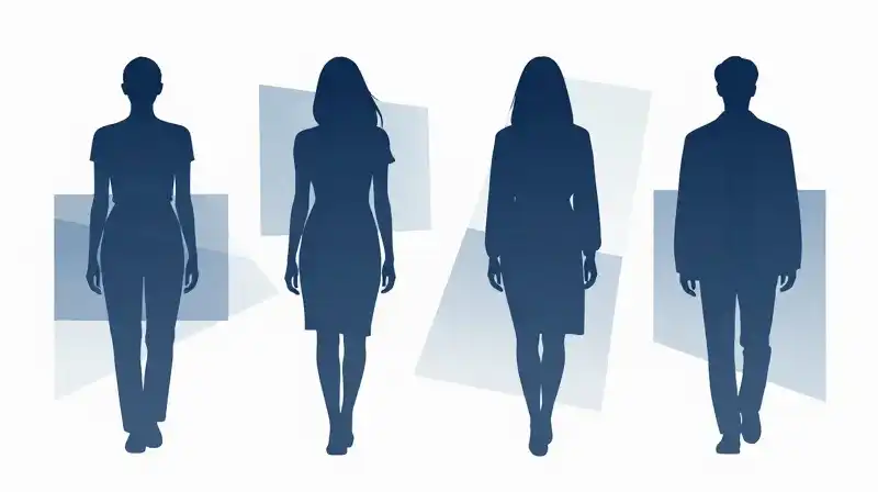 Four diverse silhouettes overlap with translucent blue geometric shapes