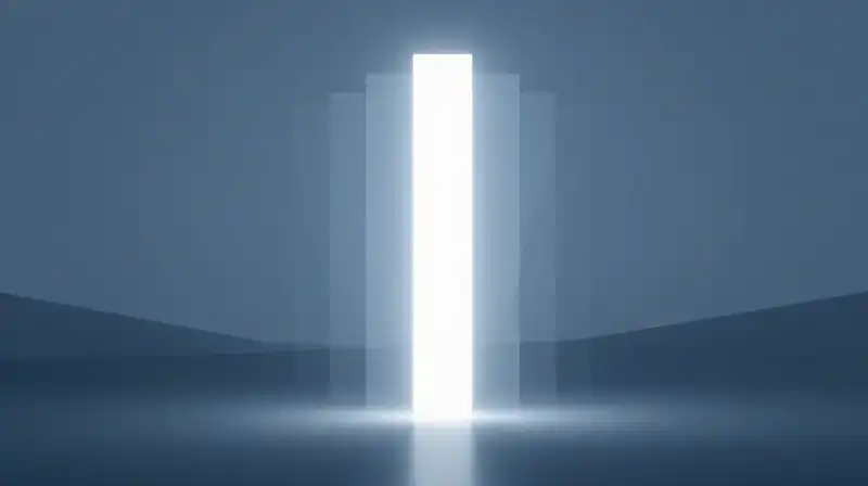 Glowing light pillars rise above translucent silhouettes in a calm landscape