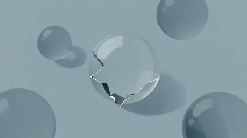 Sharp geometric shapes fracture smooth glass spheres in blue