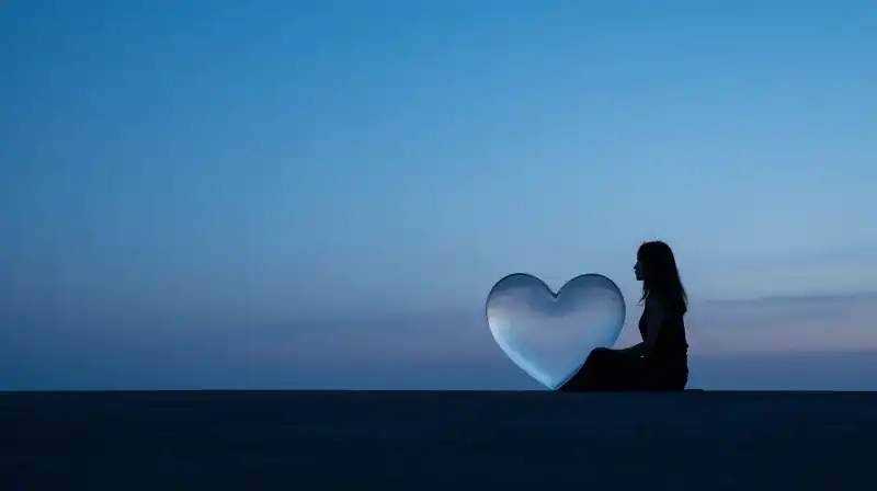 A womans silhouette sits alone with a translucent glass heart