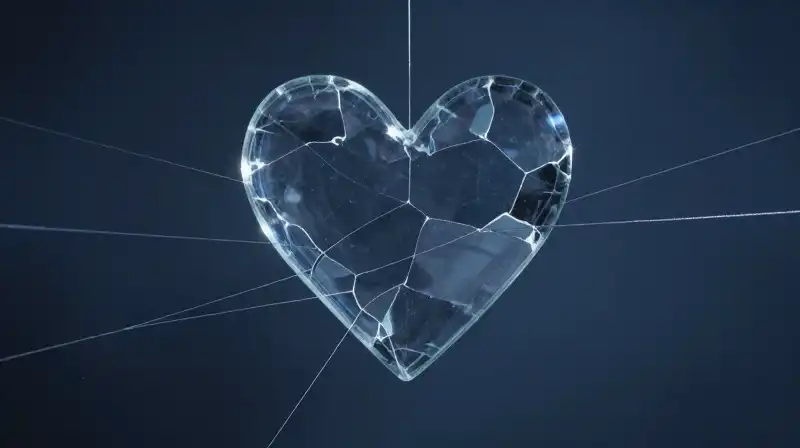 A fragmented glass heart floats in a dark blue void