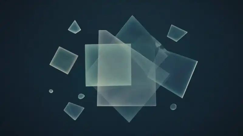 Translucent geometric shapes and light fragments float in deep blue