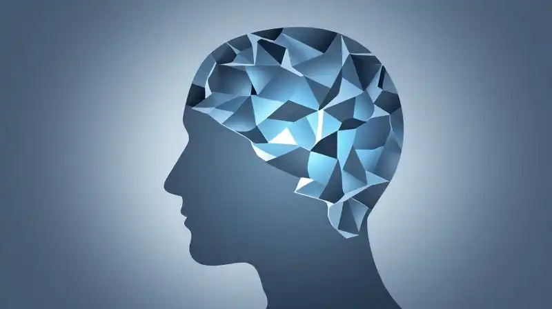 A geometric silhouette of a mind glows with blue light