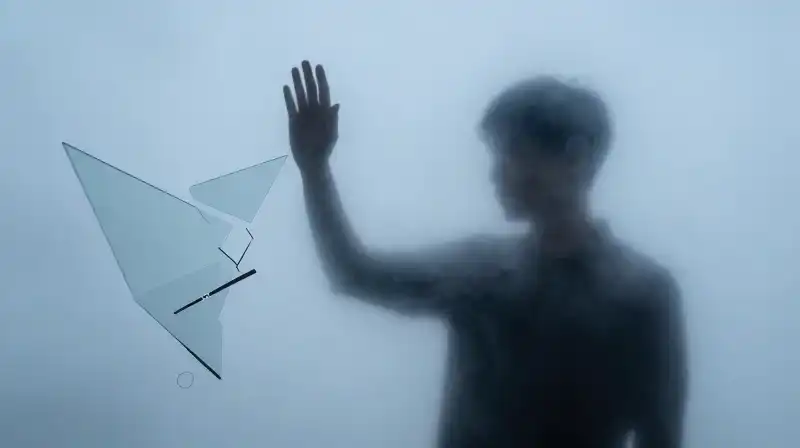 A silhouetted person stands behind swirling blue mist and glass