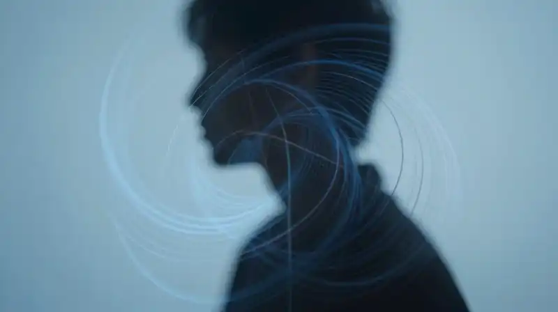 A fragmented silhouette swirls within blue geometric light patterns