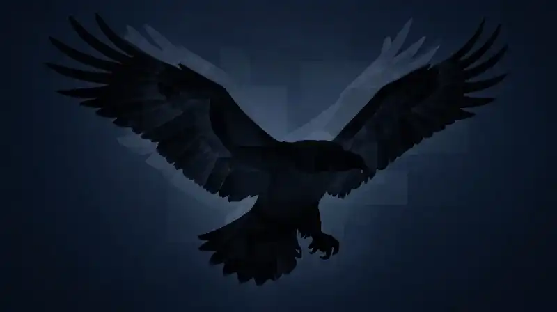 A fragmented eagle silhouette soars through dark, geometric shadows