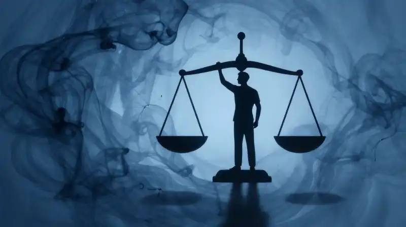 A mans silhouette balances scales amidst swirling blue ink