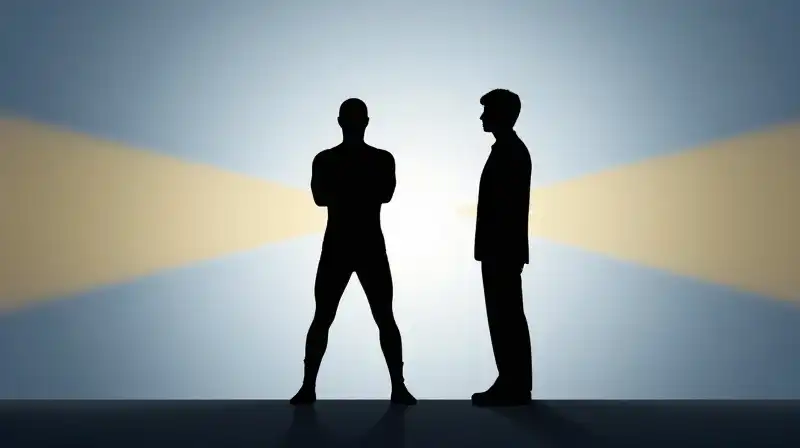 A hero and a man split by diverging light