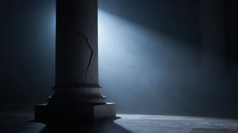 A cracked marble pillar stands amidst swirling blue mist