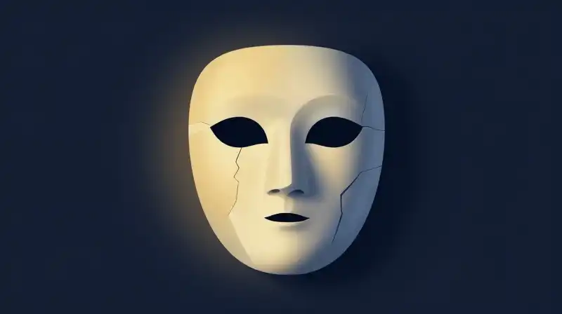 A cracked porcelain mask fades from golden light into shadows