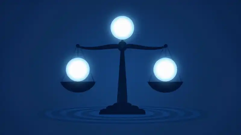 A glowing scale balances floating orbs in a deep blue void