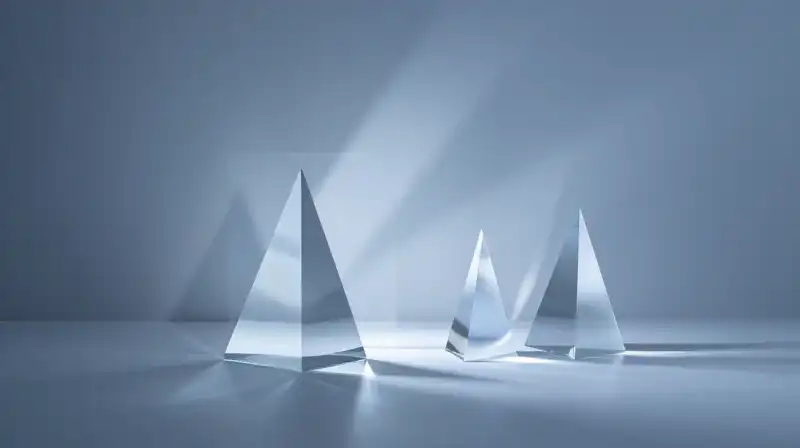 Four glass prisms cast overlapping shadows in a blue space