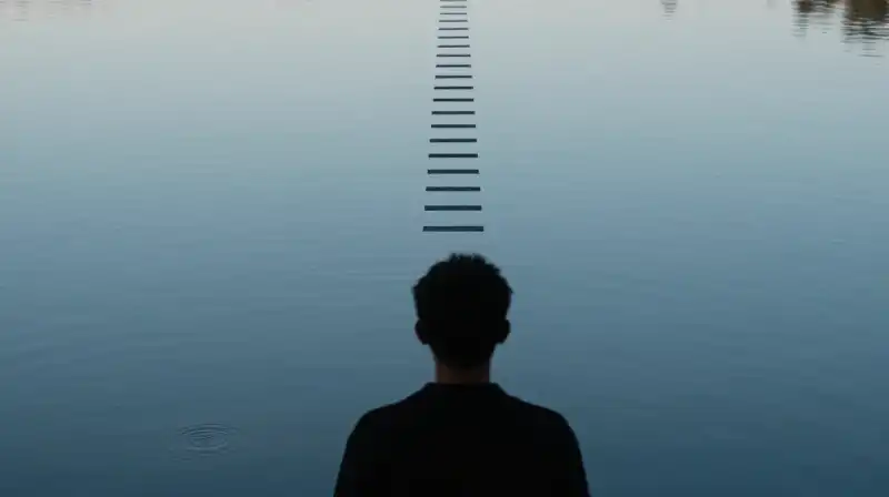A silhouette watches pond ripples near a diverging path