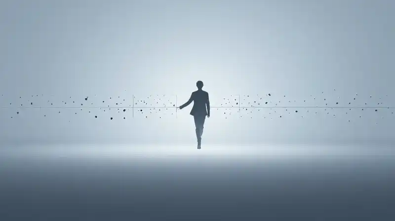 A lone silhouette floats amidst geometric shards in blue expanse