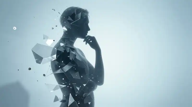 A fragmented, crystalline silhouette of a thinker floats in blue