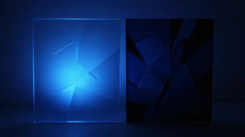 Two overlapping blue glass silhouettes with sharp, fractured patterns
