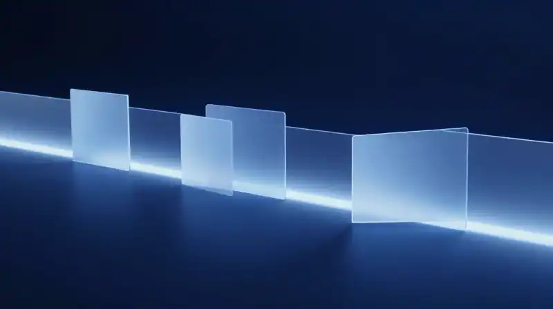 A glowing translucent barrier separates soft geometric shapes