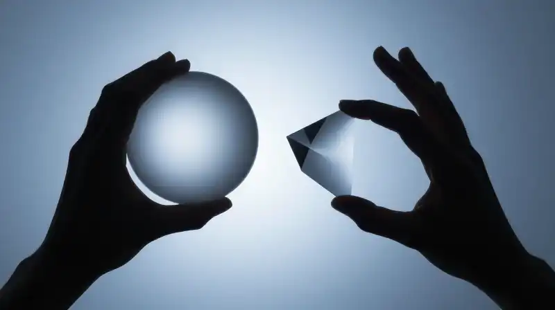 Two silhouettes face each other, one holding a glowing sphere