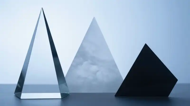 Three different glass prisms rest in soft blue light