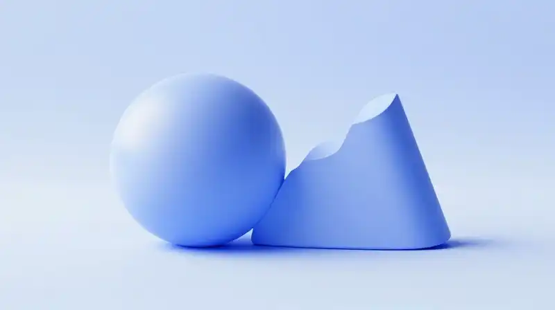 A smooth and jagged geometric shape interlock against blue
