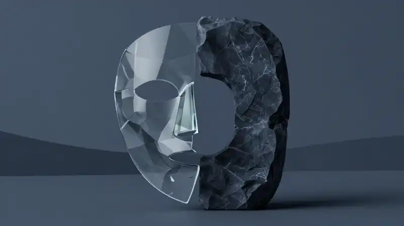 A fragile glass mask rests against a solid stone monolith