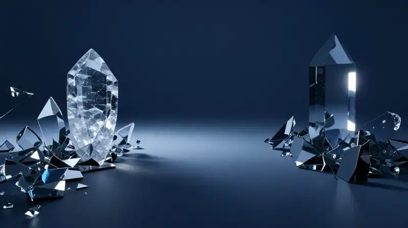 Crystalline light paths split between obsidian monoliths in a void