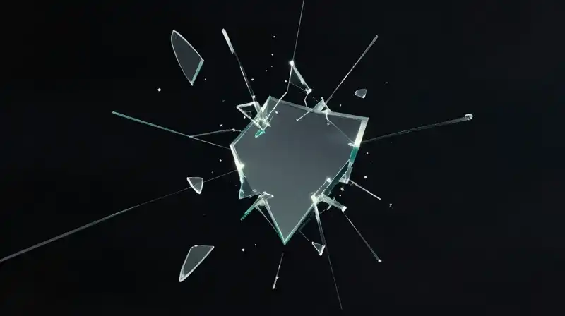 Floating glass shards reflect distorted shapes in dark space