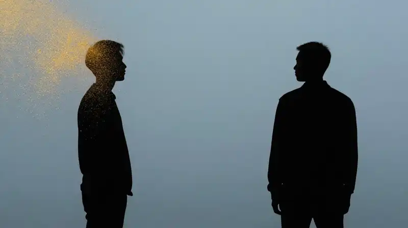 Two silhouettes stand in a muted blue, one dissolving into gold