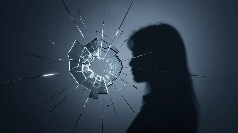 A distorted silhouette reflects through floating, shattered blue glass