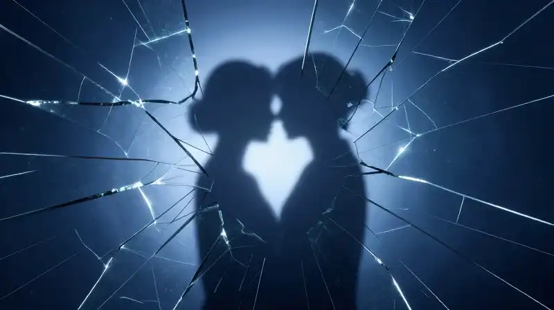 A single silhouette is intertwined among shattered translucent glass