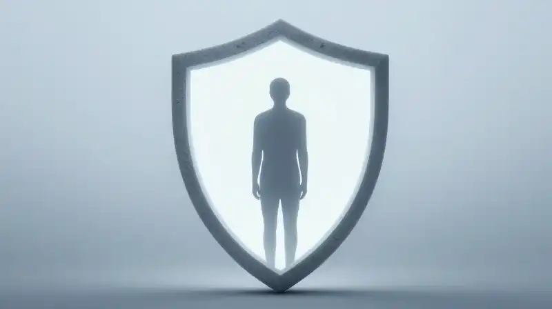 A calm silhouette stands within a glowing geometric shield