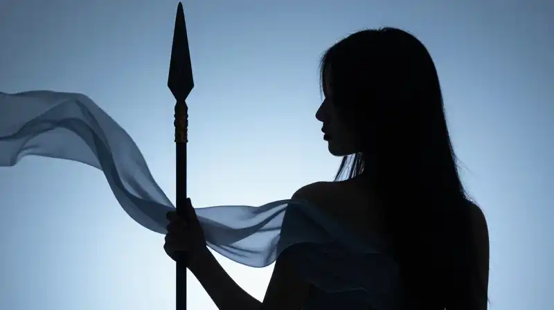 A calm silhouette holds a bronze spear with flowing silk