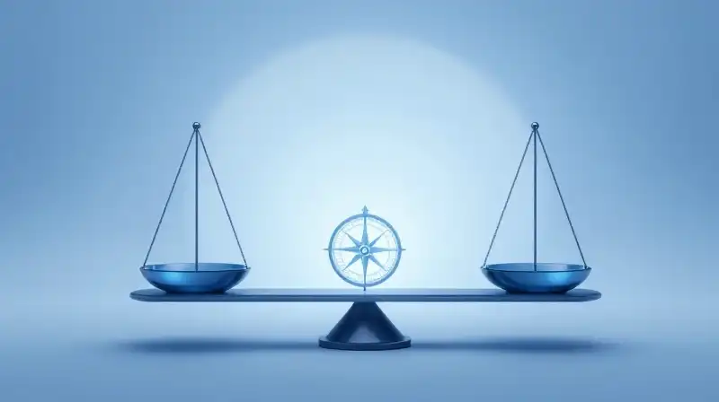 A glowing geometric compass rests on balanced blue glass scales