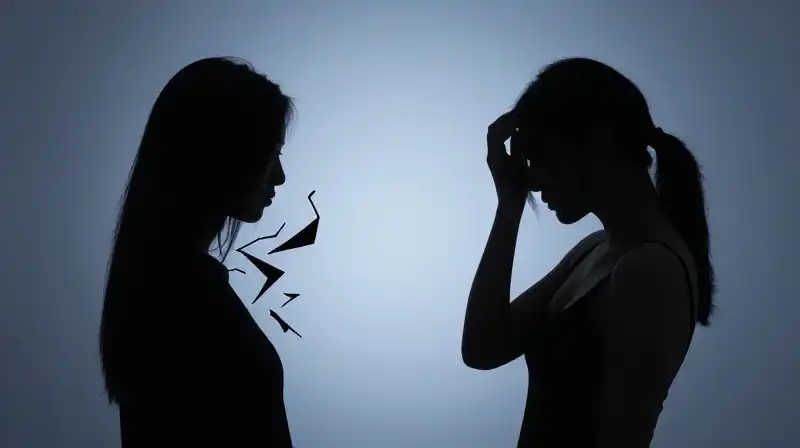 Two contrasting silhouettes, one crumbling and one trembling, stand alone