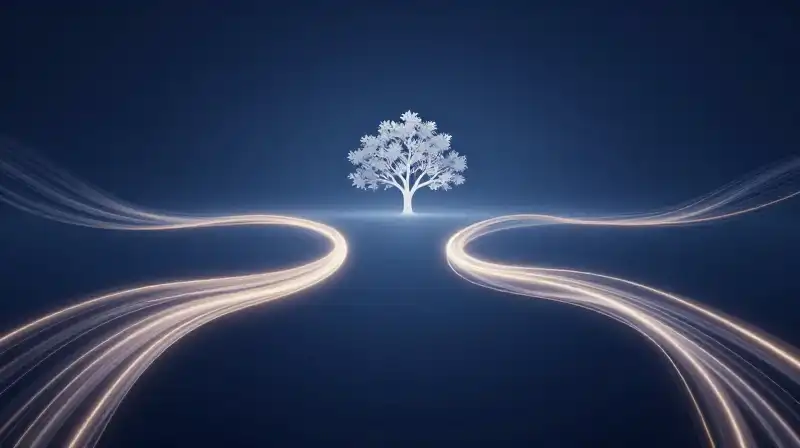 A glowing tree splits into two paths of light