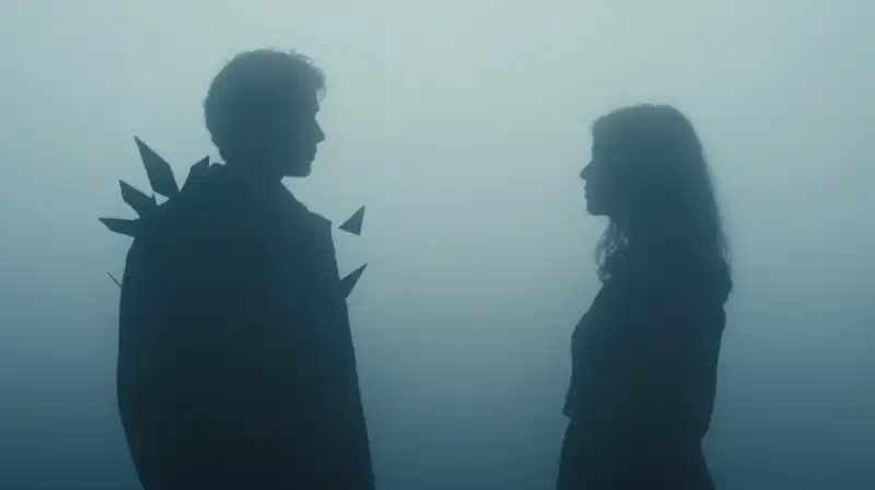 Two silhouettes stand amidst sharp shards and heavy fog