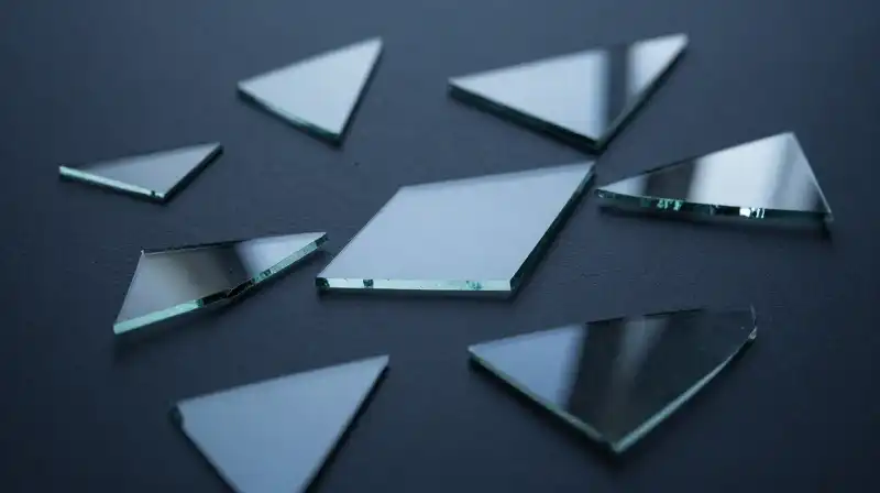 Fragmented glass shards scatter geometric shapes in a blue atmosphere