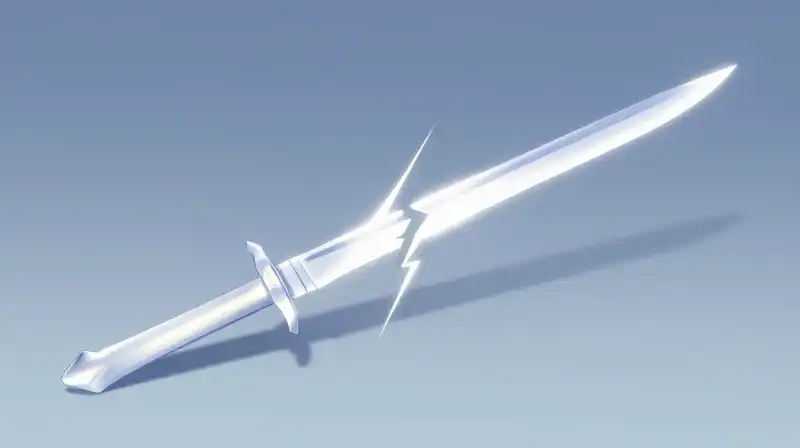 A glowing blade splits into two shimmering, jagged paths