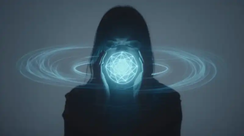 A shadowy figures glowing core ripples with blue energy