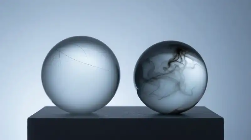 Two glass spheres, one cracked and one smoky, sit on pedestals