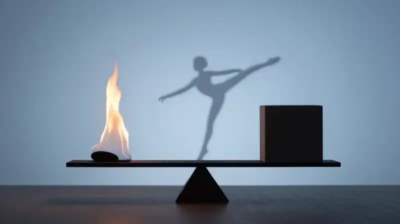 A scale balances a wild flame and a structured cube