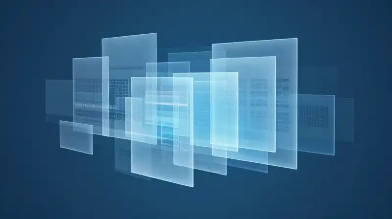 Translucent blue geometric blocks float in an organized digital space